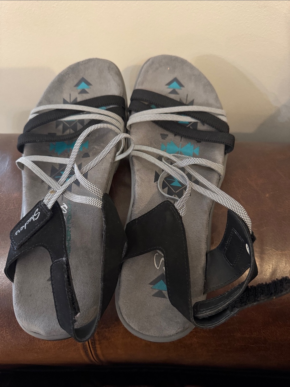 Skechers Women's Black, Gray and Teal Lace-Up Sandals